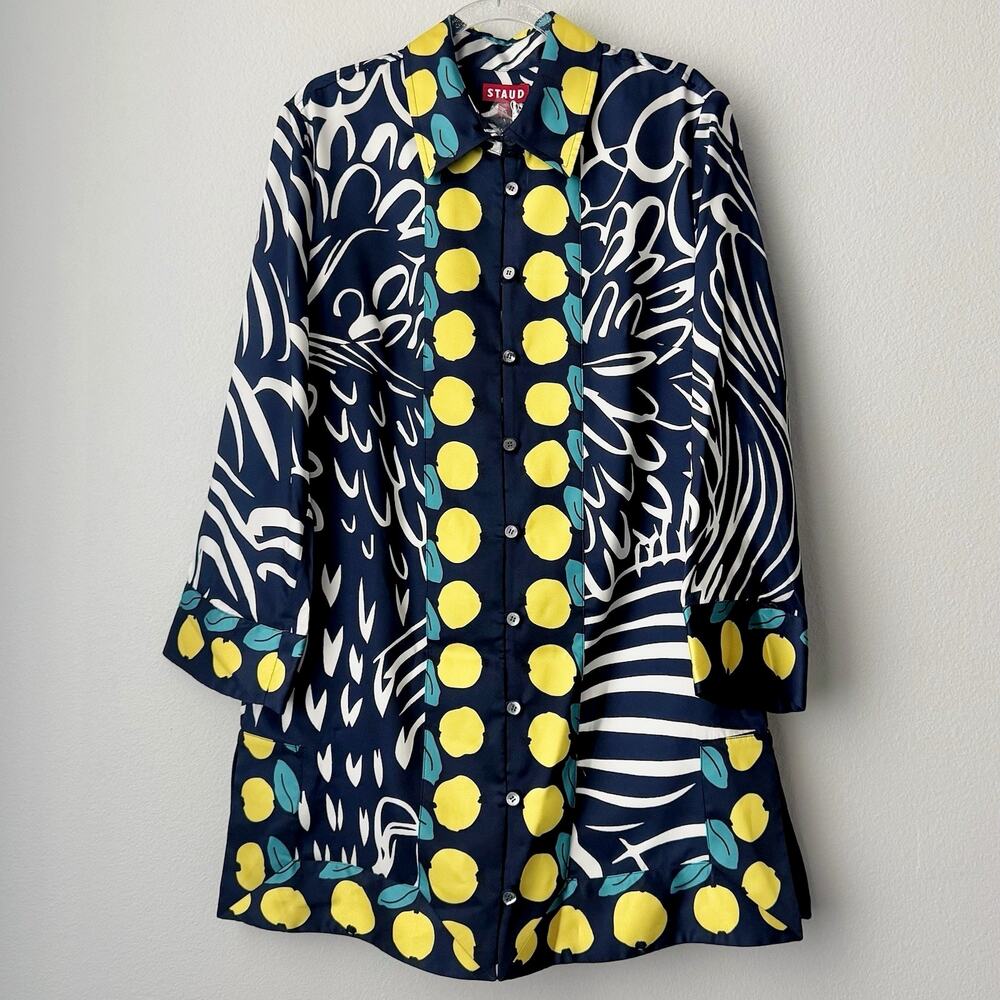 STAUD Parke Top Navy Citrus Lemon Print Shirt XS Bold Graphic Print Dopamine NWT